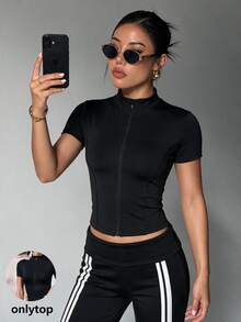 Velisys Velisys Women's Solid Color Stand Collar Short Sleeve Zipper Placket Slim Fit Sports T-Shirt - Multicolor - View 8