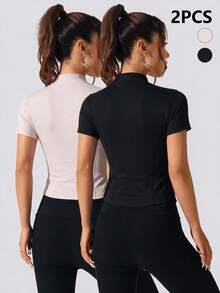 Velisys Velisys Women's Solid Color Stand Collar Short Sleeve Zipper Placket Slim Fit Sports T-Shirt - Multicolor - View 3