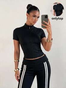 Velisys Velisys Women's Solid Color Stand Collar Short Sleeve Zipper Placket Slim Fit Sports T-Shirt - Multicolor - View 7