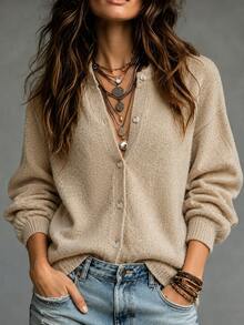 SHEIN Fall Winter Oat Light Grey Loose Lazy Knit Top, Simple Style For Layering Or Outerwear - Apricot - View 6