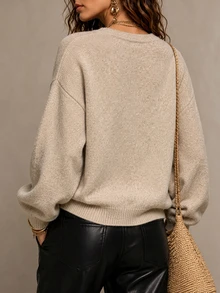 SHEIN Fall Winter Oat Light Grey Loose Lazy Knit Top, Simple Style For Layering Or Outerwear - Apricot - View 2