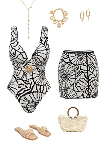 Swim Oasis Women's Sexy Deep V One-Piece Swimsuit With Vintage Floral Print, Beach Cover-Up 2-Piece Set - Multicolor - View 1