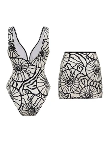 Swim Oasis Women's Sexy Deep V One-Piece Swimsuit With Vintage Floral Print, Beach Cover-Up 2-Piece Set - Multicolor - View 2