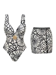 Swim Oasis Women's Sexy Deep V One-Piece Swimsuit With Vintage Floral Print, Beach Cover-Up 2-Piece Set - Multicolor - View 3
