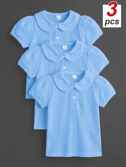 Elladie kids 3 piezas de camisas polo azules para niñas jóvenes, con cuello de muñeca y botones de corazón delicados, diseño de decoración elástica con patchwork floral en las mangas, camisetas básicas de unicolor ajustadas, adecuadas para la temporada de regreso a la escuela