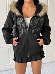 SHEIN EZwear Sweatshirt Hoodie Hitam Wanita dengan Kerah Bulu Imitasi, Resleting, Dekorasi Rhinestone, Hangat untuk Musim Dingin - Hitam - View 4