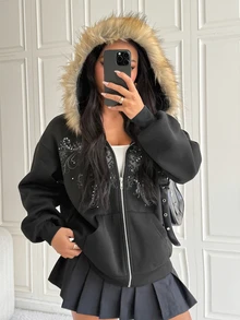 SHEIN EZwear Sweatshirt Hoodie Hitam Wanita dengan Kerah Bulu Imitasi, Resleting, Dekorasi Rhinestone, Hangat untuk Musim Dingin - Hitam - View 8