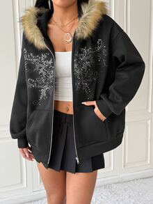 SHEIN EZwear Sweatshirt Hoodie Hitam Wanita dengan Kerah Bulu Imitasi, Resleting, Dekorasi Rhinestone, Hangat untuk Musim Dingin - Hitam - View 3