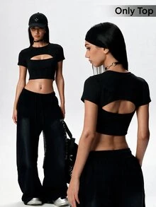 StreetHx Women's Solid Color Hollow Design Short Sleeve Sports T-Shirt Gym Black Summer Sexy - Black - View 6