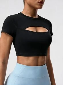 StreetHx Women's Solid Color Hollow Design Short Sleeve Sports T-Shirt Gym Black Summer Sexy - Black - View 3