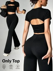 StreetHx Women's Solid Color Hollow Design Short Sleeve Sports T-Shirt Gym Black Summer Sexy - Black - View 2