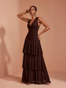 JIAN LASALA Mesh Halter V Neck Double Layers Ruched Women Sleeveless Summer Maxi Dress Vacation Casual - Coffee Brown - View 5