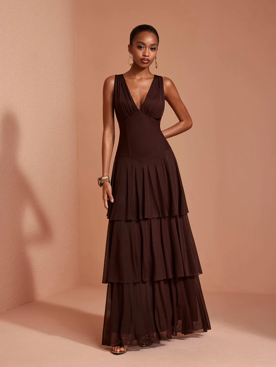 JIAN LASALA Mesh Halter V Neck Double Layers Ruched Women Sleeveless Summer Maxi Dress Vacation Casual - Coffee Brown - View 1