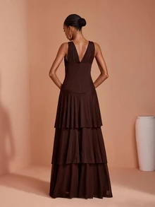 JIAN LASALA Mesh Halter V Neck Double Layers Ruched Women Sleeveless Summer Maxi Dress Vacation Casual - Coffee Brown - View 2