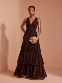 JIAN LASALA Mesh Halter V Neck Double Layers Ruched Women Sleeveless Summer Maxi Dress Vacation Casual - Coffee Brown - View 3