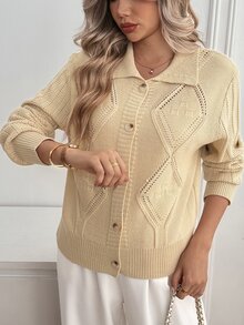 Omancia Women's Front Button Long Sleeve Cardigan - Khaki - View 4
