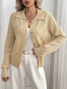 Omancia Women's Front Button Long Sleeve Cardigan - Khaki - View 3