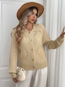 Omancia Women's Front Button Long Sleeve Cardigan - Khaki - View 7