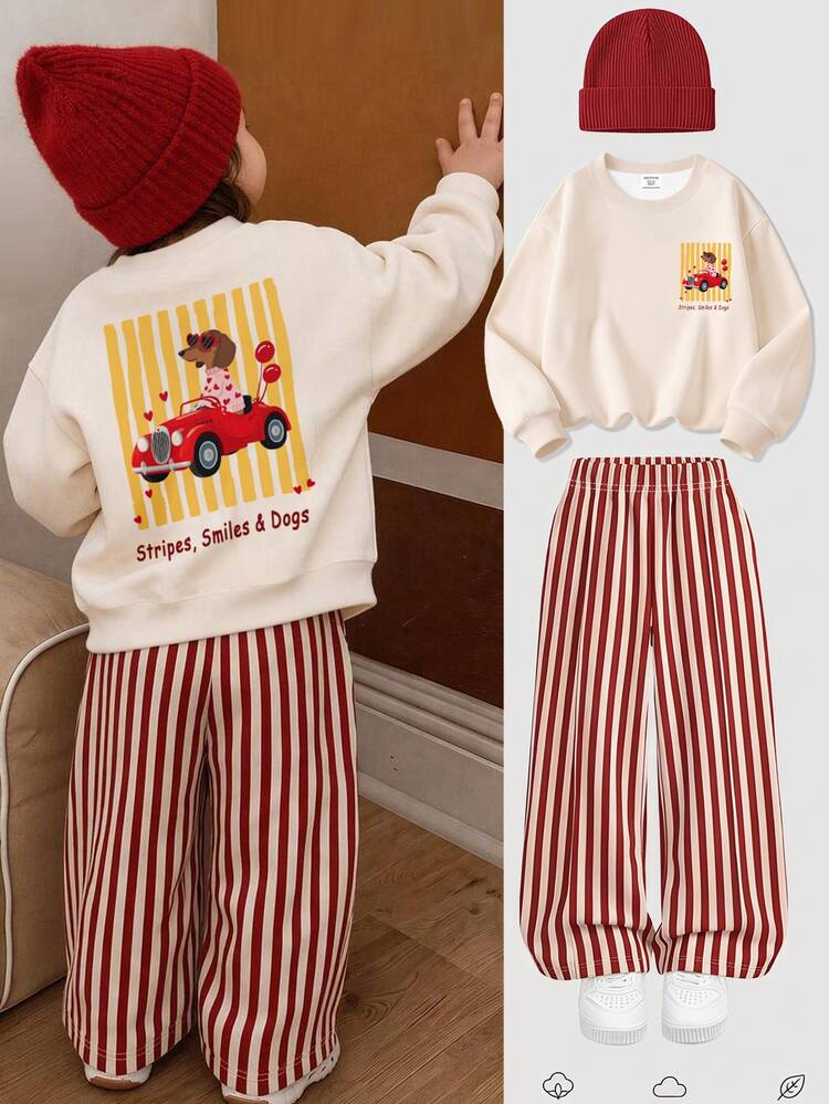 Cream White & Angora Red Striped, Fashionable Vintage American Cute Dachshund Dog Print, Unisex Baby Girl/Boy Casual Comfortable Soft Thermal Lined Loose Drop Shoulder Long Sleeve Pullover Sweatshirt & Wide Leg Sweatpants 2 Pieces Set, Suitable For Autumn/Winter Daily Fashion Outings, Layering, Streetwear, Sports, Vintage American High Street Girl, Sweet Cool Lazy - Multicolor - View 2