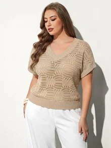 Maija Women's Plus Size V-Neck Batwing Sleeve Hollow Out Pullover Sweater Fall Winter - Apricot - View 2
