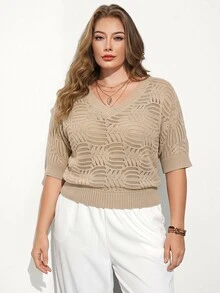 Maija Women's Plus Size V-Neck Batwing Sleeve Hollow Out Pullover Sweater Fall Winter - Apricot - View 5