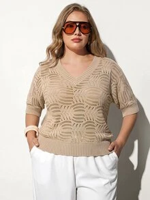 Maija Women's Plus Size V-Neck Batwing Sleeve Hollow Out Pullover Sweater Fall Winter - Apricot - View 4