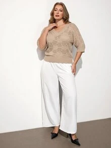 Maija Women's Plus Size V-Neck Batwing Sleeve Hollow Out Pullover Sweater Fall Winter - Apricot - View 6