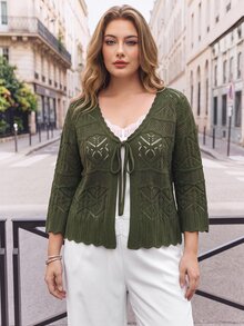 Maija كارديجان أنيق بمقاس كبير مع تصميم مفرغ وأكمام 3/4 ورقبة مستديرة وربطة فيونكة - أخضر عسكري - مشاهدة 2