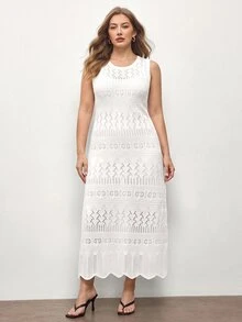 Maija Women's Plus Size Round Neck Sleeveless Long Knit Dress - White - View 4