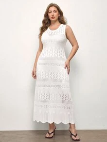 Maija Women's Plus Size Round Neck Sleeveless Long Knit Dress - White - View 3