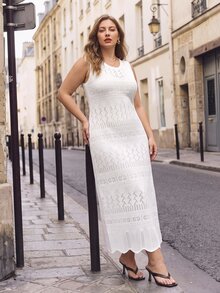 Maija Women's Plus Size Round Neck Sleeveless Long Knit Dress - White - View 2