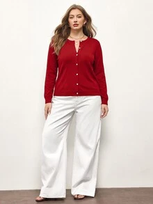 Maija Plus Size Plain Color Open Front Long Sleeve Cardigan, Simple & Stylish Fall Winter Cloth For Women Autumn - Red - View 4