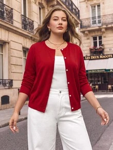 Maija Plus Size Plain Color Open Front Long Sleeve Cardigan, Simple & Stylish Fall Winter Cloth For Women Autumn - Red - View 2