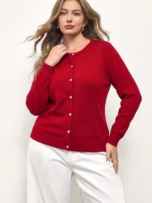Maija Plus Size Plain Color Open Front Long Sleeve Cardigan, Simple & Stylish Fall Winter Cloth For Women Autumn - Red - View 1