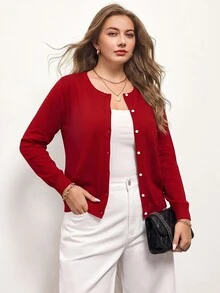 Maija Plus Size Plain Color Open Front Long Sleeve Cardigan, Simple & Stylish Fall Winter Cloth For Women Autumn - Red - View 6
