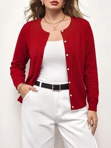 Maija Plus Size Plain Color Open Front Long Sleeve Cardigan, Simple & Stylish Fall Winter Cloth For Women Autumn - Red - View 3