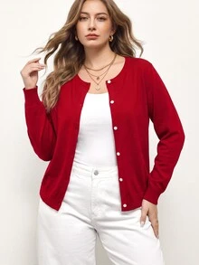 Maija Plus Size Plain Color Open Front Long Sleeve Cardigan, Simple & Stylish Fall Winter Cloth For Women Autumn - Red - View 7