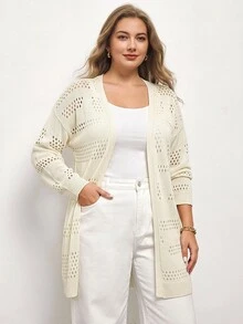 Maija Áo cardigan len dệt kim nữ size lớn màu trơn, vai trễ, tay dài, thiết kế đục lỗ - Màu be - Xem 1