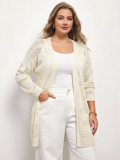 Maija Plus Size Women Solid Color Drop Shoulder Long Sleeve Hollow Out Knit Cardigan