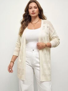 Maija Áo cardigan len dệt kim nữ size lớn màu trơn, vai trễ, tay dài, thiết kế đục lỗ - Màu be - Xem 6