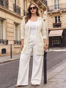 Maija Áo cardigan len dệt kim nữ size lớn màu trơn, vai trễ, tay dài, thiết kế đục lỗ - Màu be - Xem 2