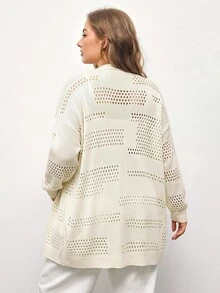 Maija Áo cardigan len dệt kim nữ size lớn màu trơn, vai trễ, tay dài, thiết kế đục lỗ - Màu be - Xem 3