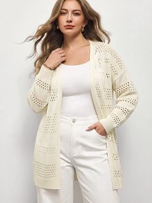 Maija Áo cardigan len dệt kim nữ size lớn màu trơn, vai trễ, tay dài, thiết kế đục lỗ - Màu be - Xem 5