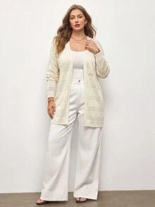 Maija Áo cardigan len dệt kim nữ size lớn màu trơn, vai trễ, tay dài, thiết kế đục lỗ - Màu be - Xem 4