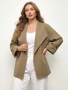 Maija 大码女式纯色卷袖宽松休闲风衣外套，秋季 - 卡其色 - 查看 5