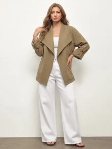 Maija 大码女式纯色卷袖宽松休闲风衣外套，秋季 - 卡其色 - 查看 2