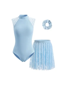 SHEIN Kids Tween Girls Casual Sports Gymnastics Yoga High Elastic Knit Contrast Lace Back Heart-Shaped Hollow-Out Jumpsuit, Lace Skirt 3 Pieces Set - Blue - View 7