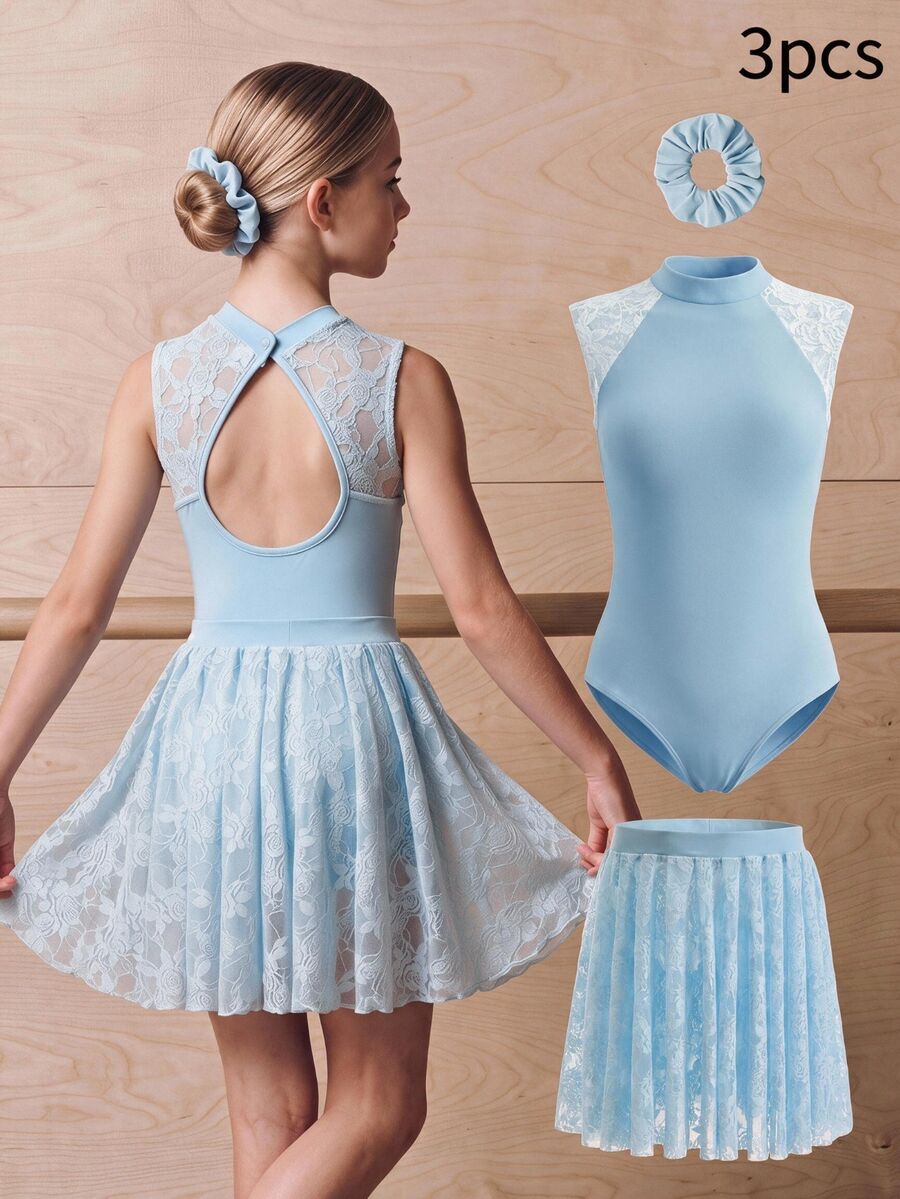 SHEIN Kids Tween Girls Casual Sports Gymnastics Yoga High Elastic Knit Contrast Lace Back Heart-Shaped Hollow-Out Jumpsuit, Lace Skirt 3 Pieces Set - Blue - View 1