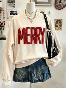 Lalippa 秋冬氛圍 MERRY 刺繡落肩休閒運動衫，快樂歡快刺繡運動衫，聖誕快樂雪尼爾紗線運動衫，基督徒禮物客製化個性化秋冬運動衫，秋冬運動衫時尚禮物 - 杏色 - 查看 3