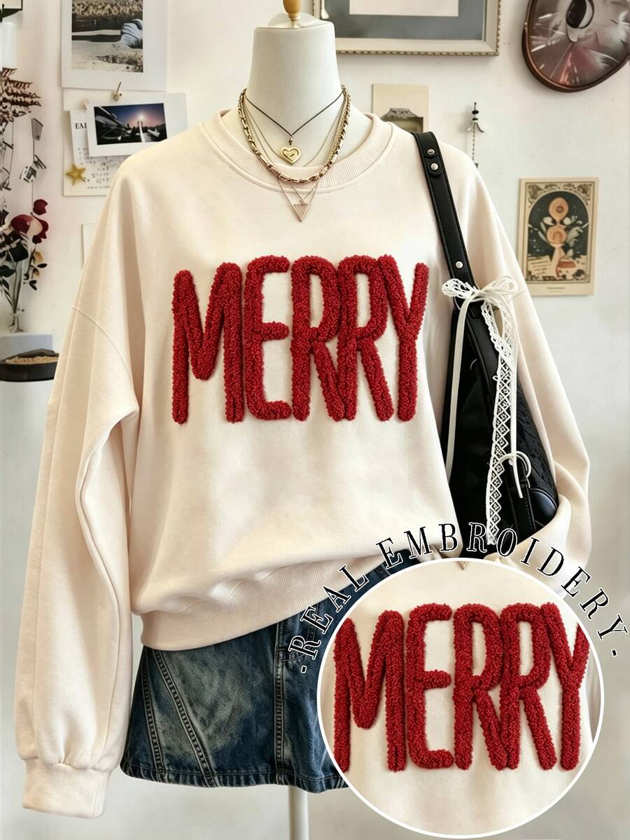Lalippa 秋冬氛圍 MERRY 刺繡落肩休閒運動衫,快樂歡快刺繡運動衫,聖誕快樂雪尼爾紗線運動衫,基督徒禮物客製化個性化秋冬運動衫,秋冬運動衫時尚禮物 - 杏色 - 查看 1